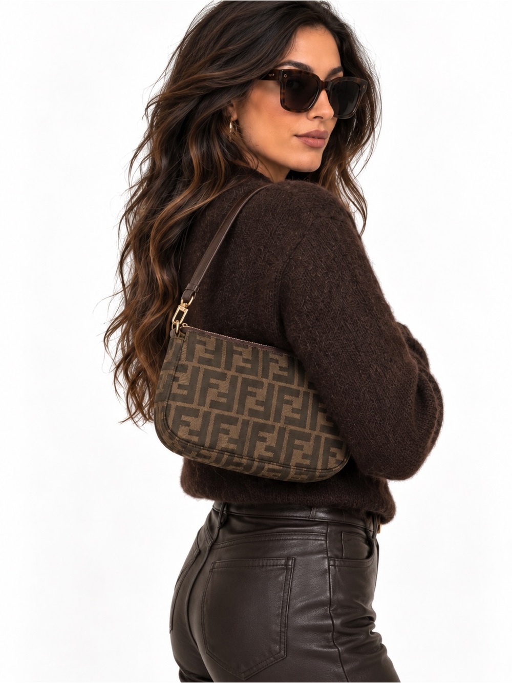 Fendi Zucca Small Canvas Shoulder Bag VTG Late 70s Early 80s 9”L x 6”D x 1.75”W